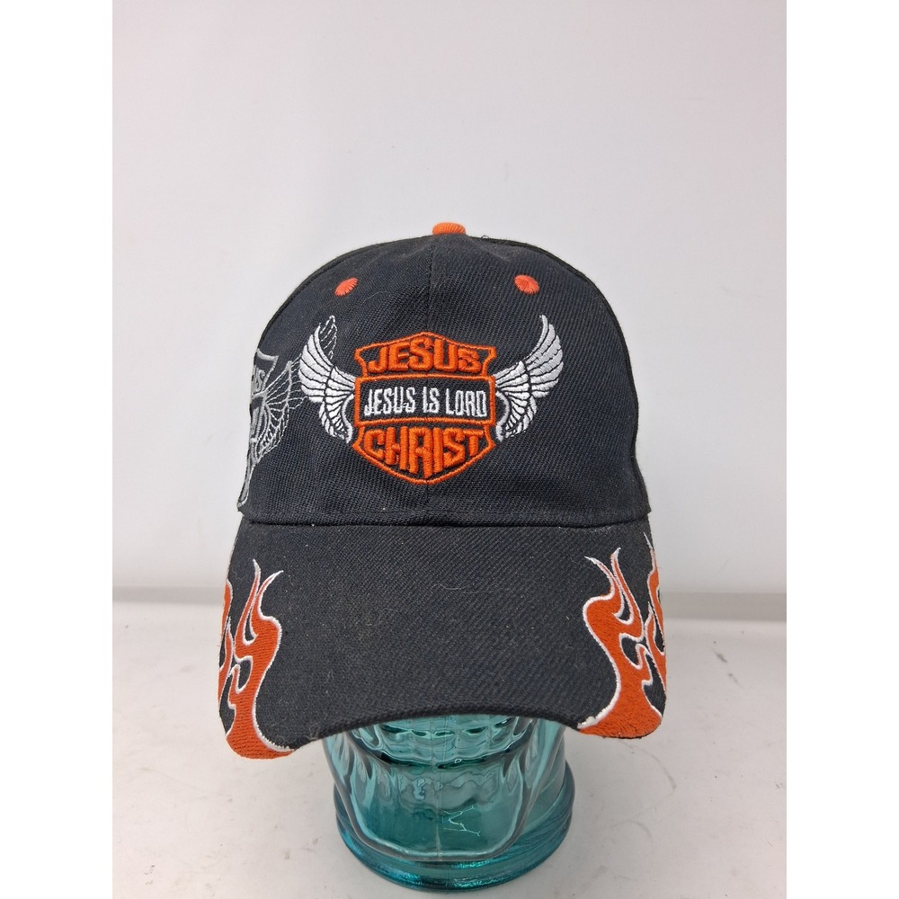 Jesus Is Lord Biker Style Flame Embroidered Baseball Cap Black Orange Kys Design